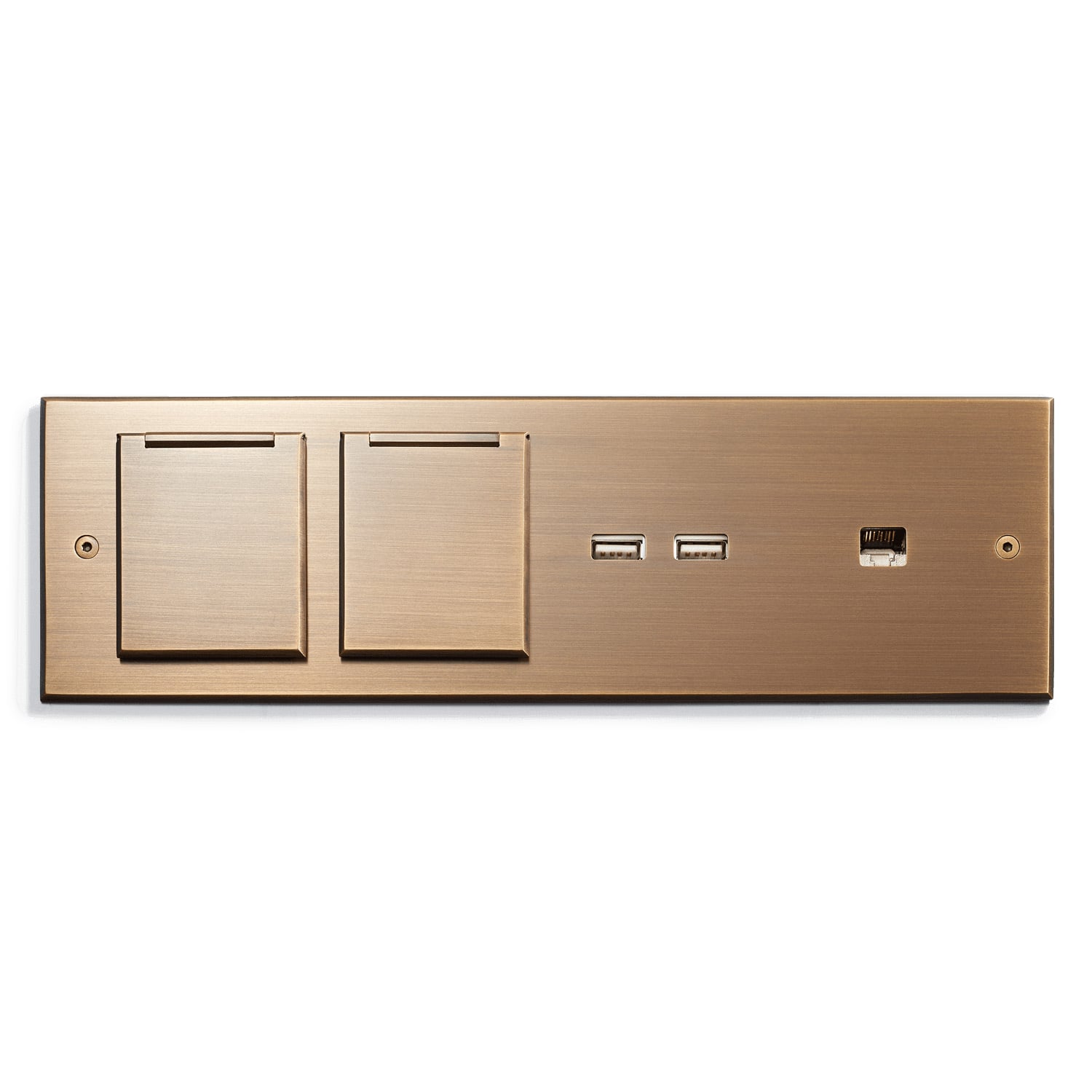 Modern minimalist wall plate featuring electrical outlets and usb ports in a sleek bronze finish.