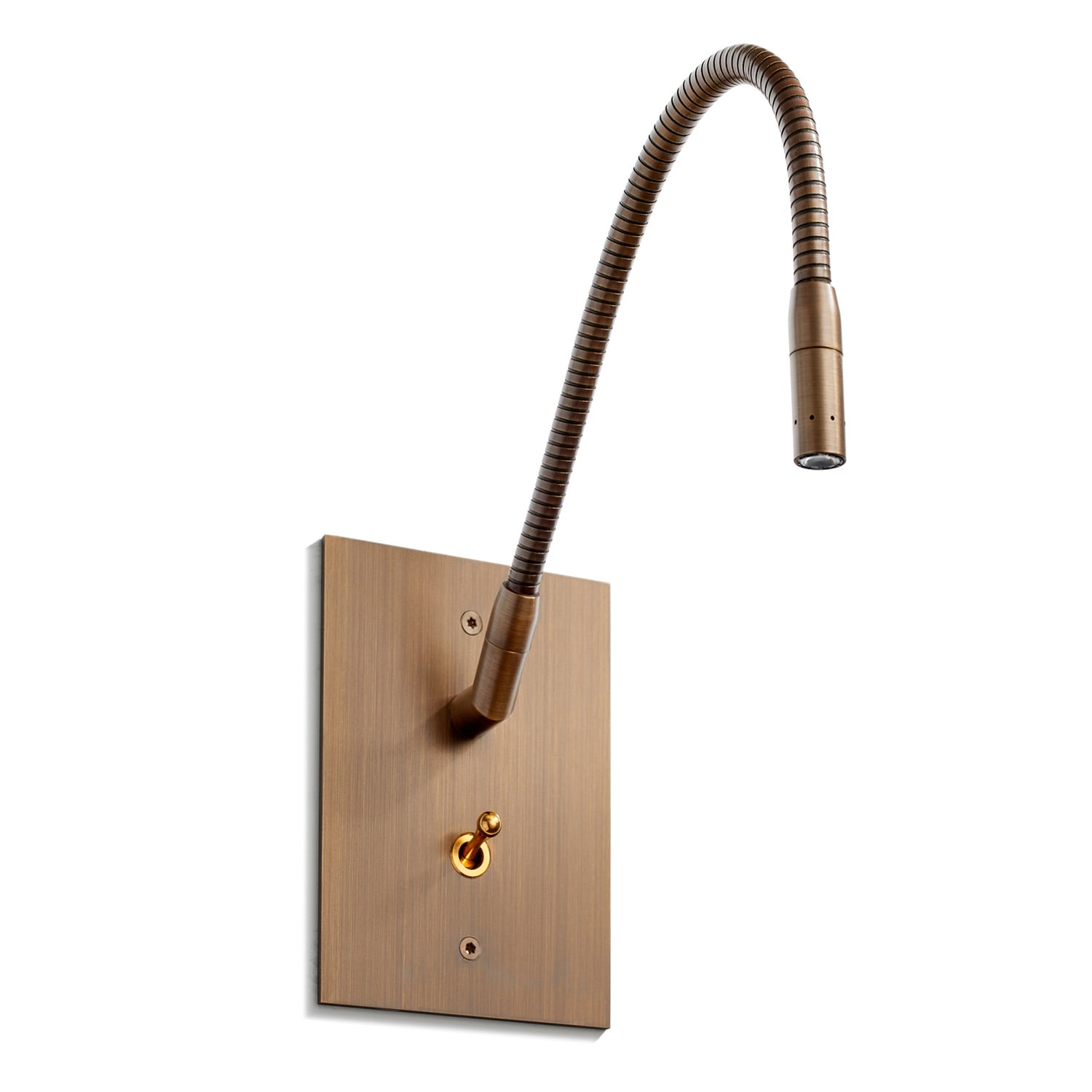 A wall-mounted bronze-finished flexible gooseneck LED light. The rectangular base plate features a small on-off switch and a single light fixture extending from it, designed for adjustable directional lighting.
