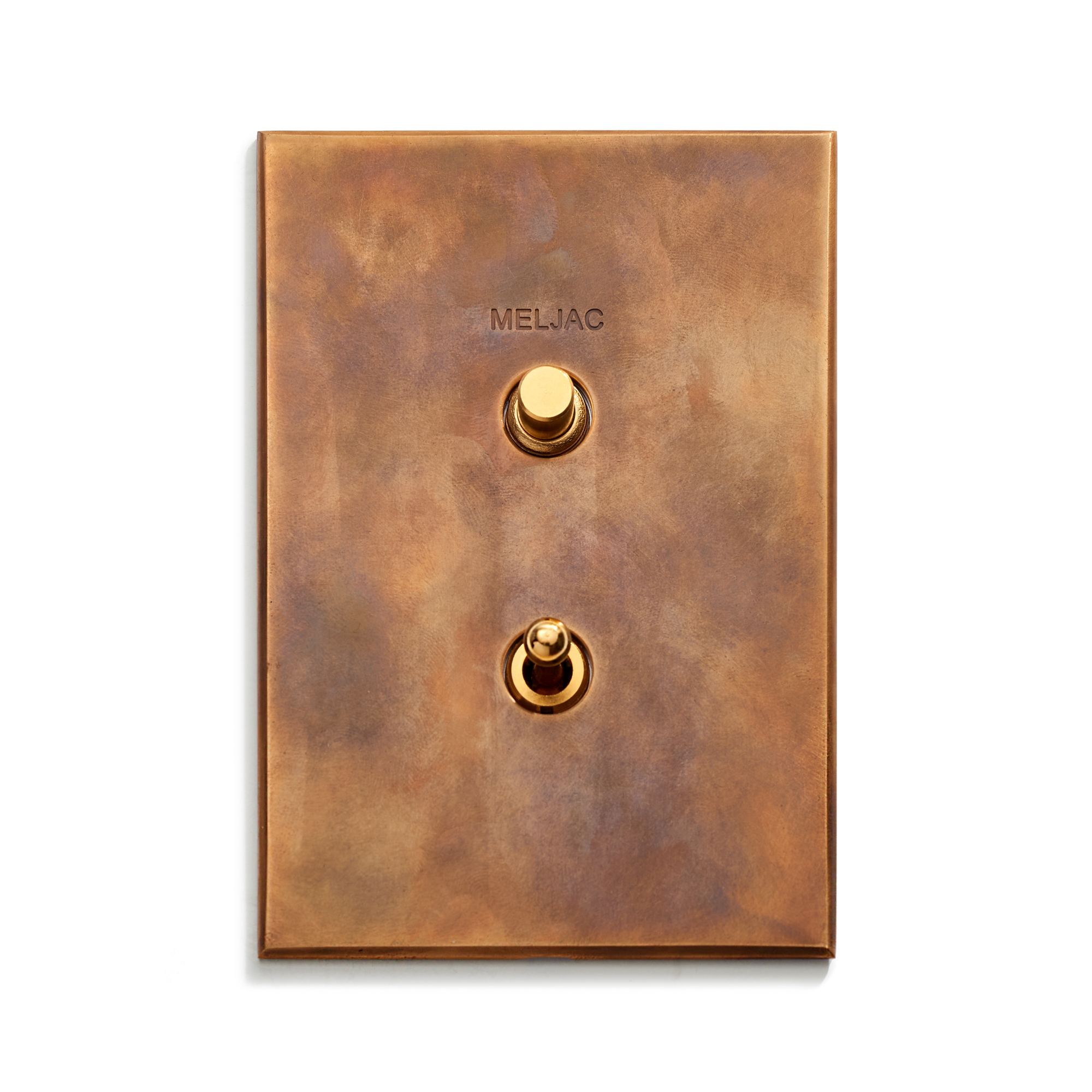 Elegant bronze-finish wall switch plate with two round buttons, showcasing a blend of modern functionality and classic aesthetic.