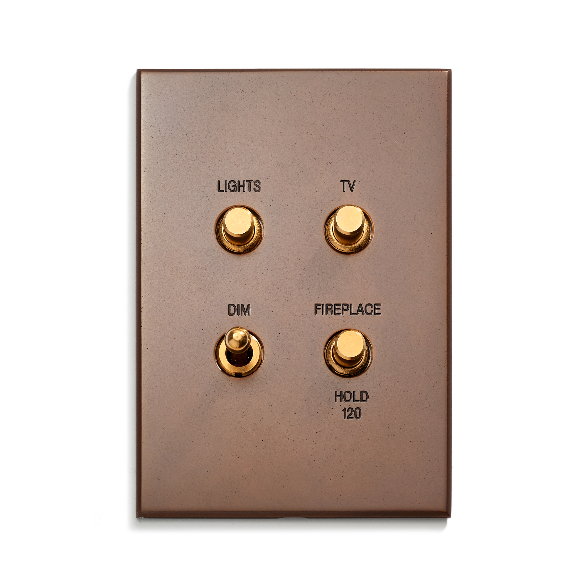 Elegant copper-toned wall panel with labeled golden knobs for controlling lights, tv, and fireplace settings.