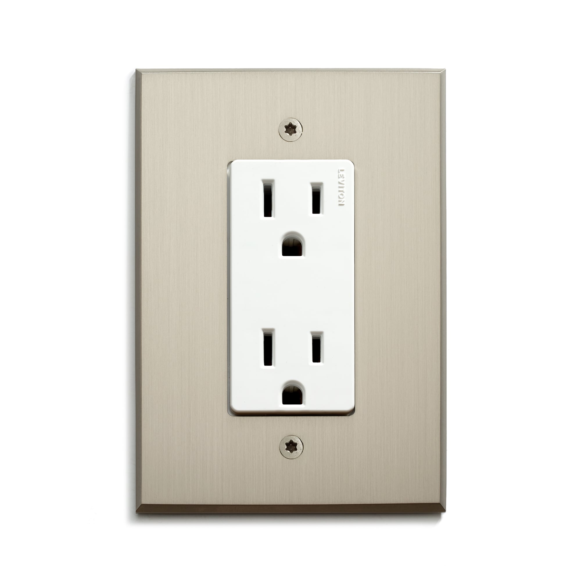 A single electrical outlet with a metallic cover plate on a plain white background.