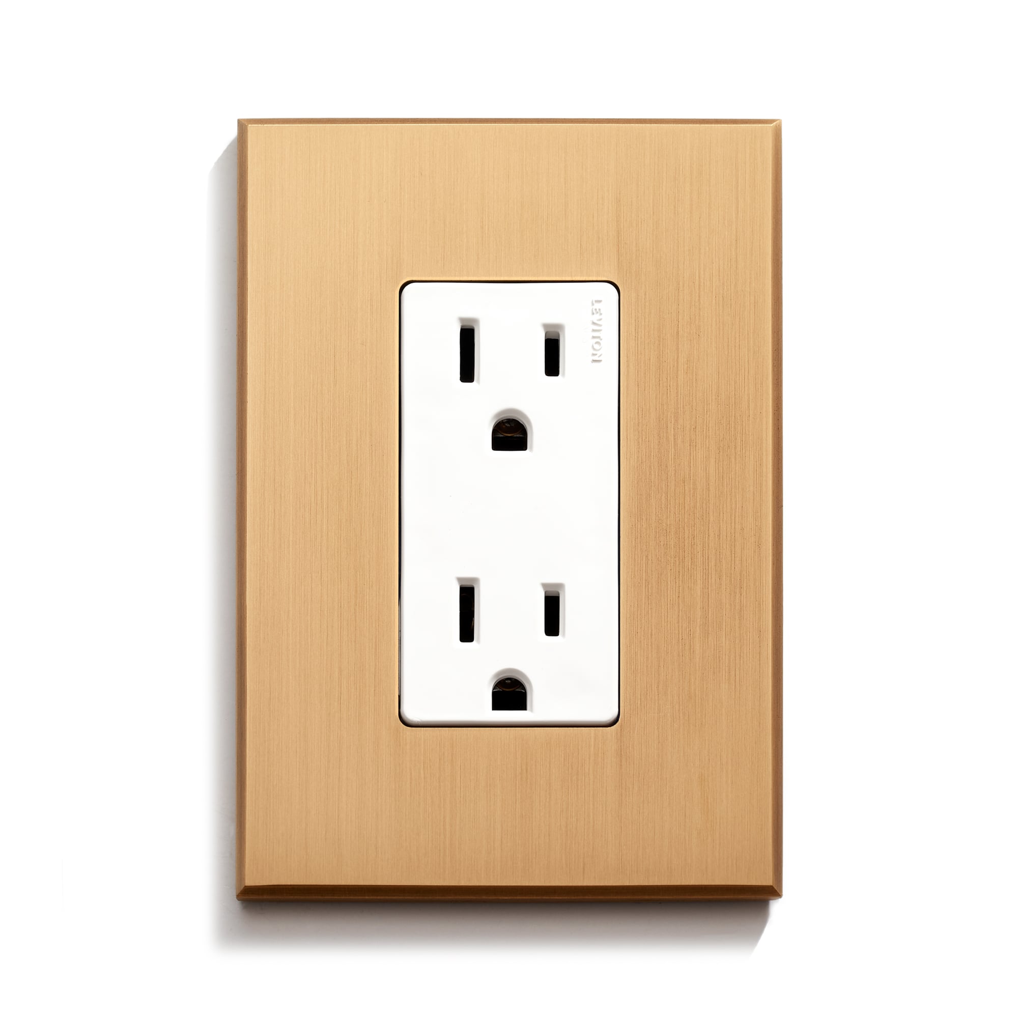 Wooden-finish electrical outlet on a white background.