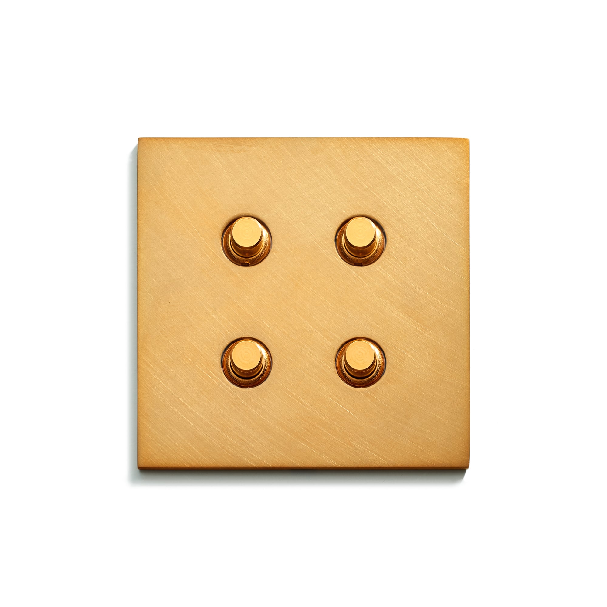 A golden six-sided die with embossed dots on a white background.