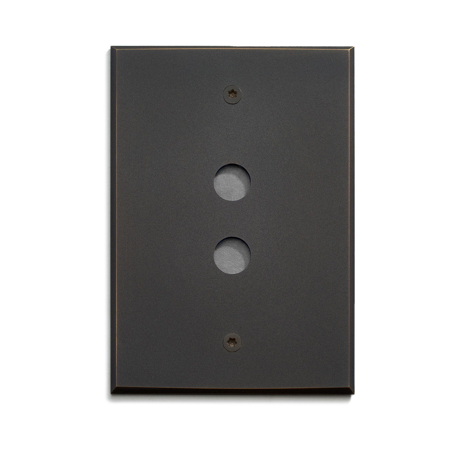 A black rectangular dual-gang wall plate for two round electrical switches or sockets, centered and spaced evenly, with screw holes at the top and bottom.