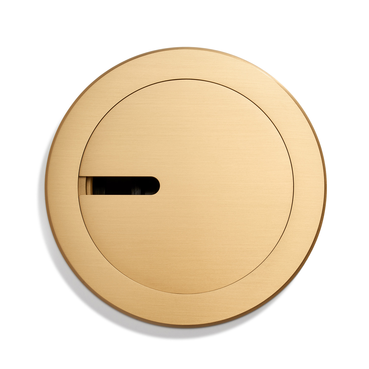 Round, brass wall-mounted mailbox with a mail slot, displayed against a white background. the mailbox features a sleek, minimalist circular design.