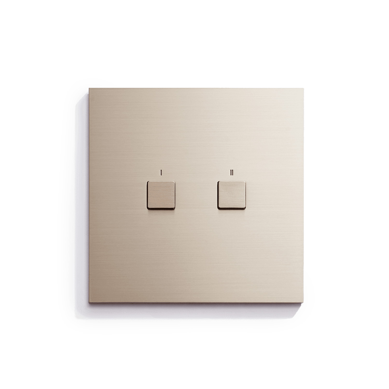 A modern, double light switch mounted on a plain wall with a sleek, metallic finish.