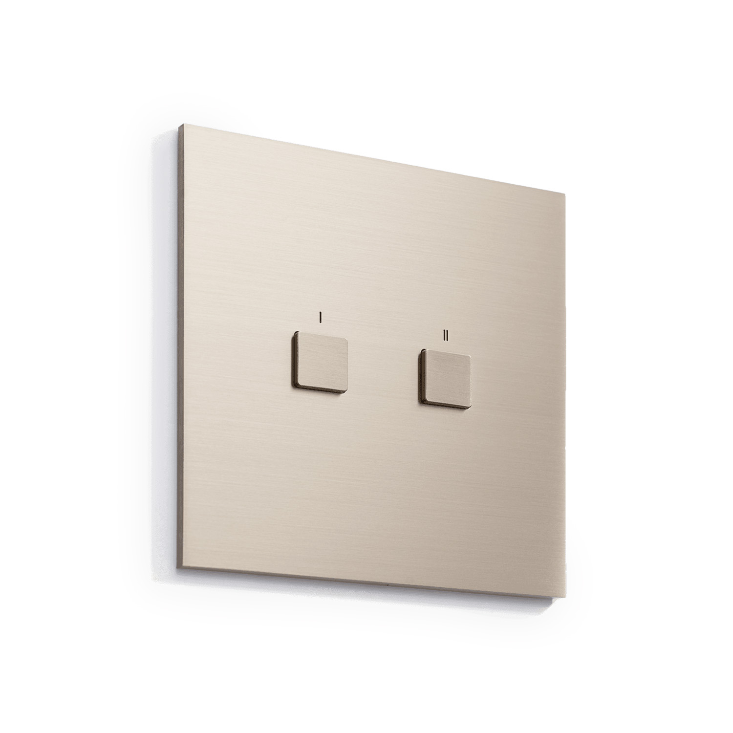 A modern double light switch with square buttons on a brushed metal plate, mounted on a clean white wall.