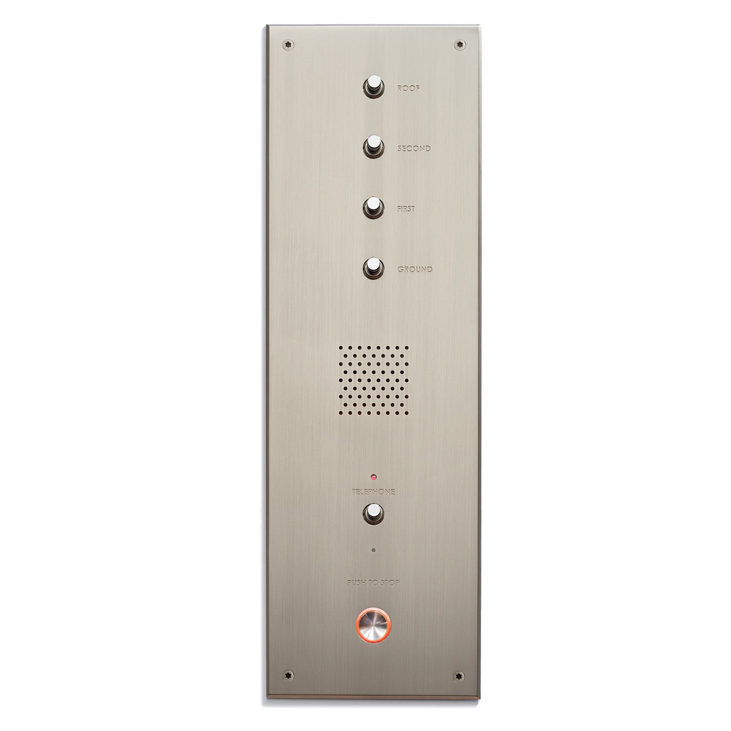 A modern door intercom panel in stainless steel with multiple buttons, speaker grille, and a red led indicator, installed on a plain background.