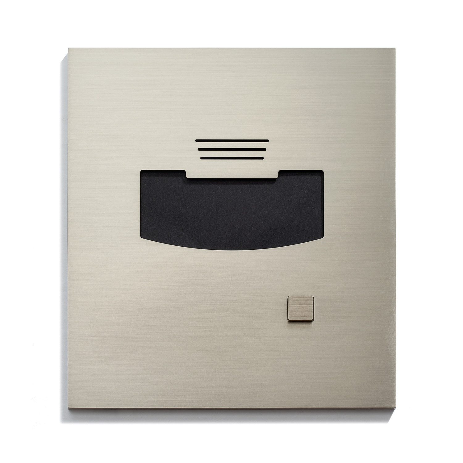 A modern, metallic wall-mounted mailbox with a black horizontal mail slot and a small square lock, set against a plain, light grey background.