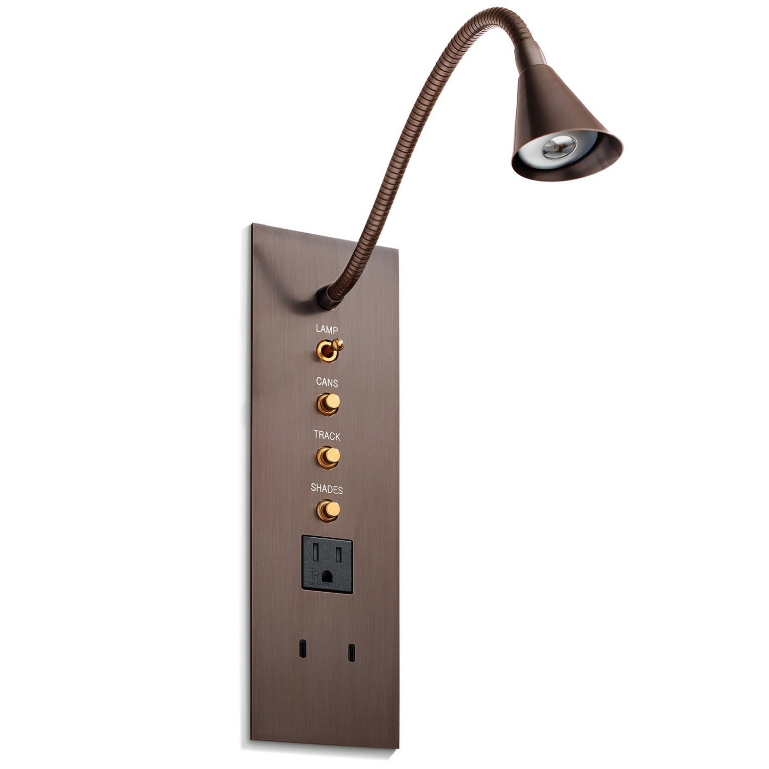 Wall-mounted control panel with labeled buttons and an adjustable reading lamp above two power outlets.