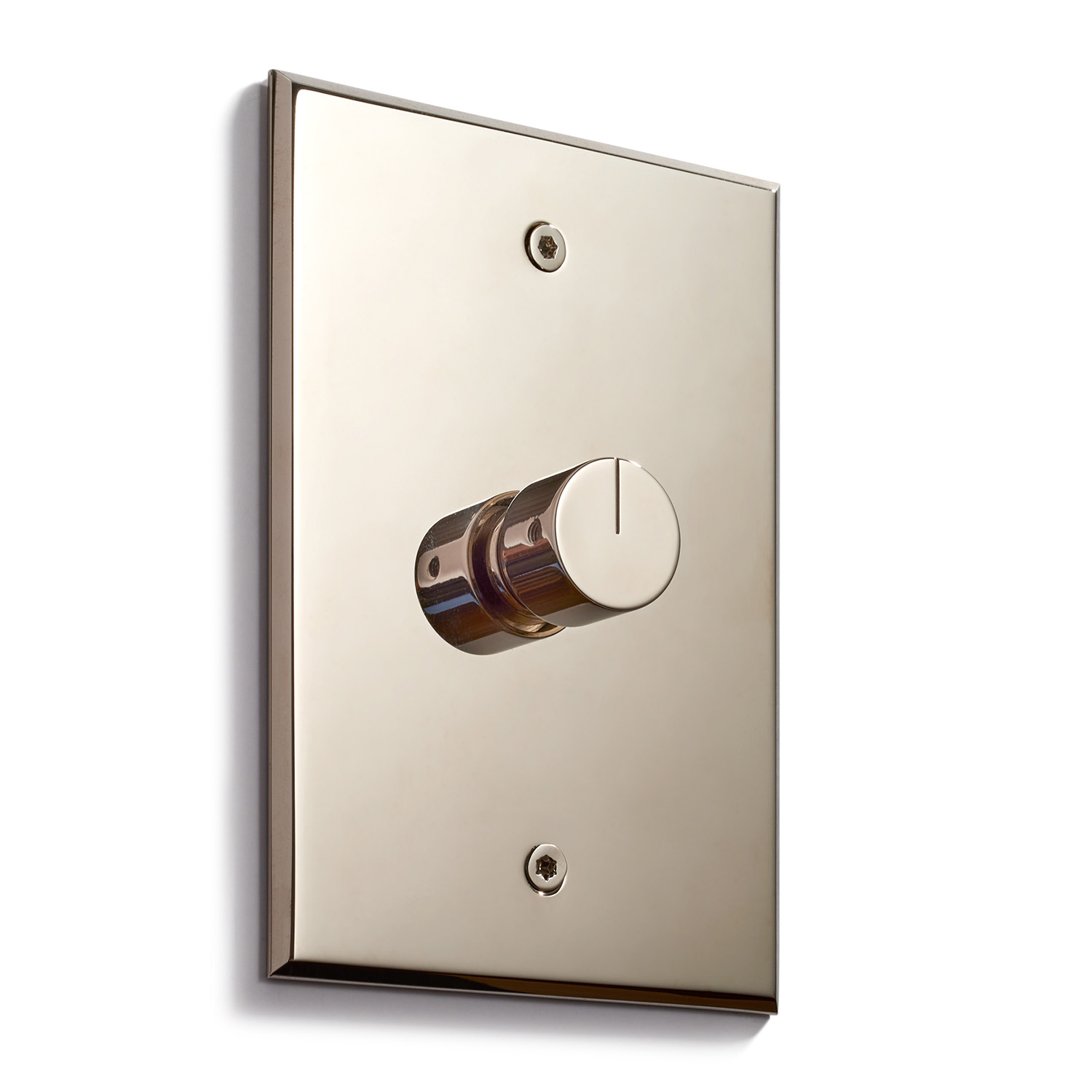 A modern, polished brass light switch with a rotary dimmer on a white wall.
