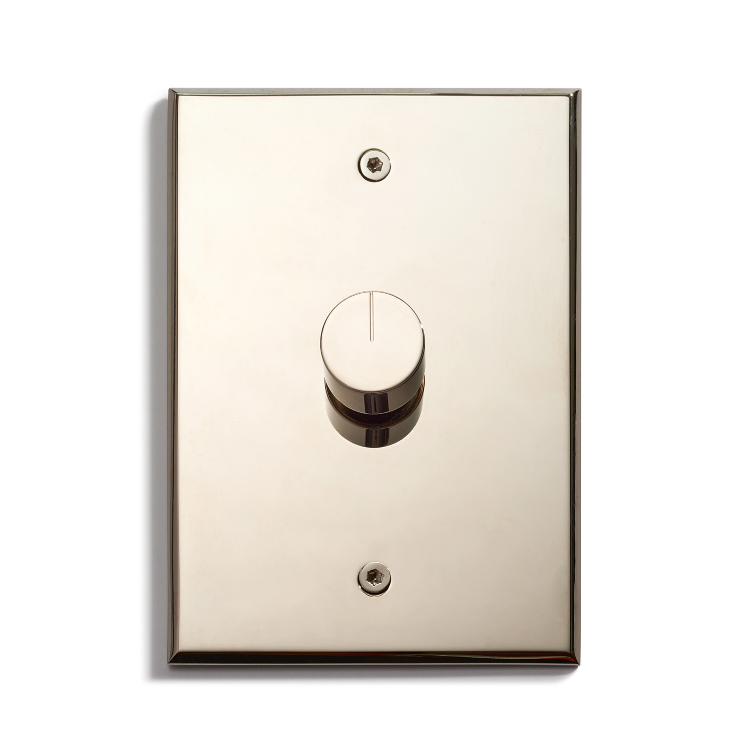 A modern, polished nickel light dimmer switch on a white background, featuring a rotary control knob and visible screw mounts.