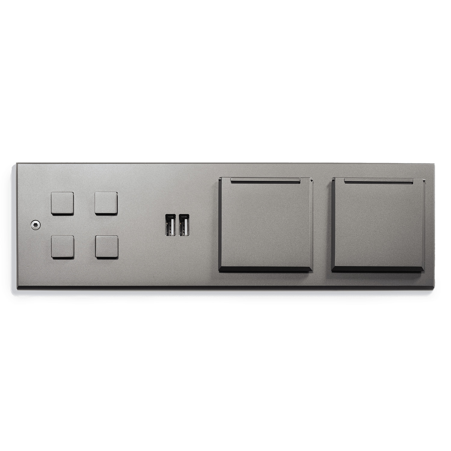 Modern modular desk outlet with various ports and switches on a gray background.