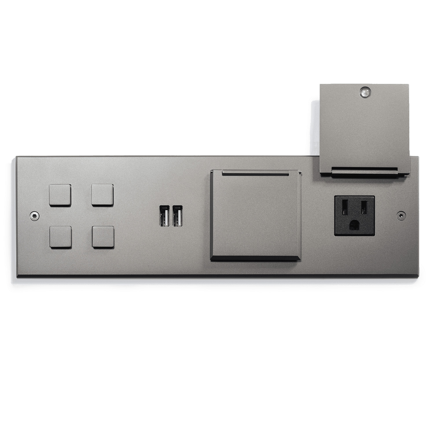 Top-down view of a modern, minimalist power socket panel with usb ports, electrical outlets, and switches on a gray background.