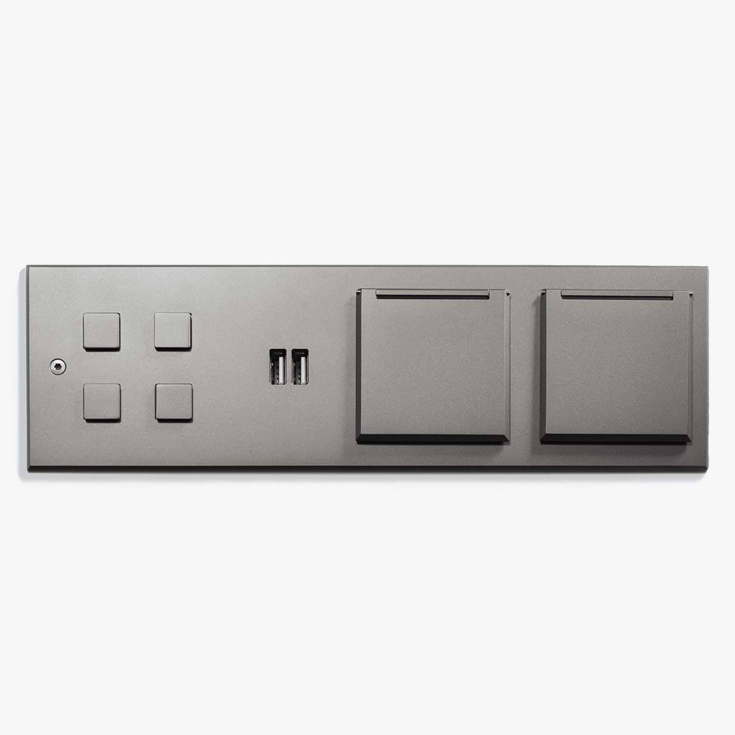 Modern minimalist wall panel with light switches, usb ports, and socket covers on a gray background.