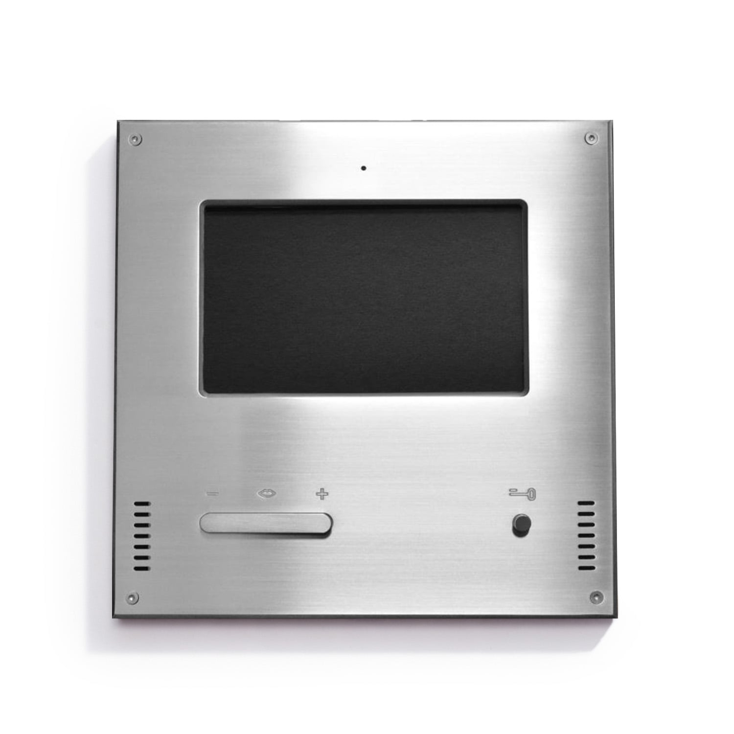 Stainless steel modern intercom system with a display screen, mounted on a white wall.