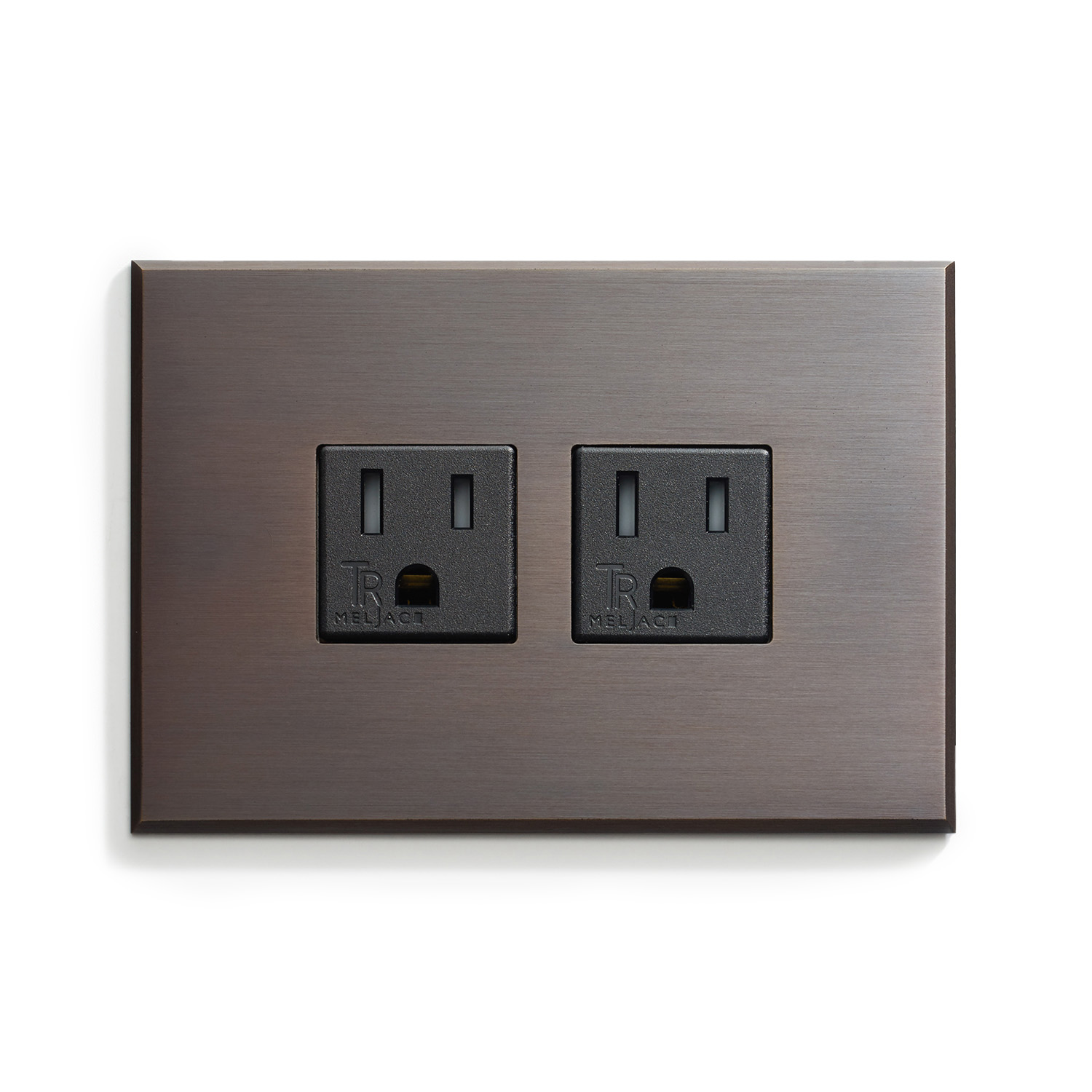 A double electrical outlet with a sleek, metallic bronze finish plate. The outlet features two standard three-pronged sockets, with small rectangular slots for the prongs and a round slot for the ground pin. The design is modern and minimalist.