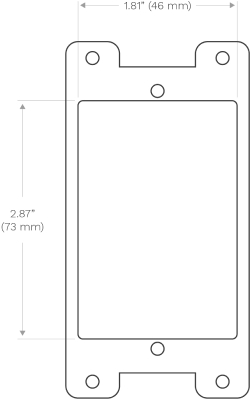 A technical drawing of a rectangular plate with rounded corners, featuring four circular screw holes near the corners and two additional smaller circular holes in the center, one at the top and one at the bottom. Dimensions are noted as 1.81" (46 mm) width and 2.87" (73 mm) height.