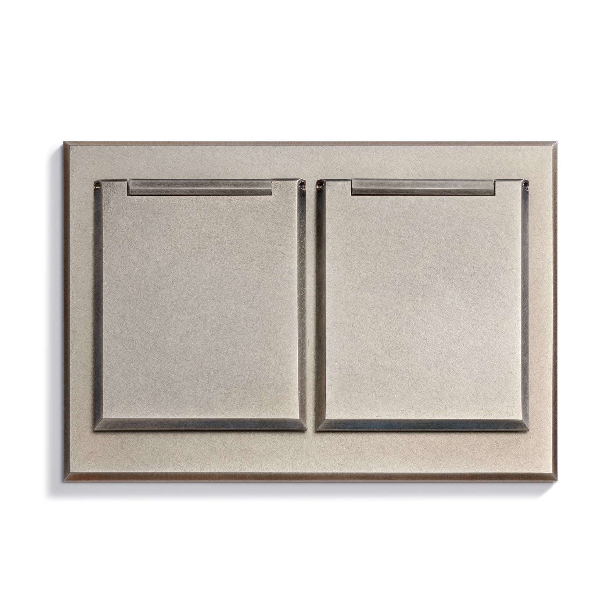 A metallic double light switch with a brushed finish, featuring two rectangular rocker switches set side by side on a matching rectangular plate.