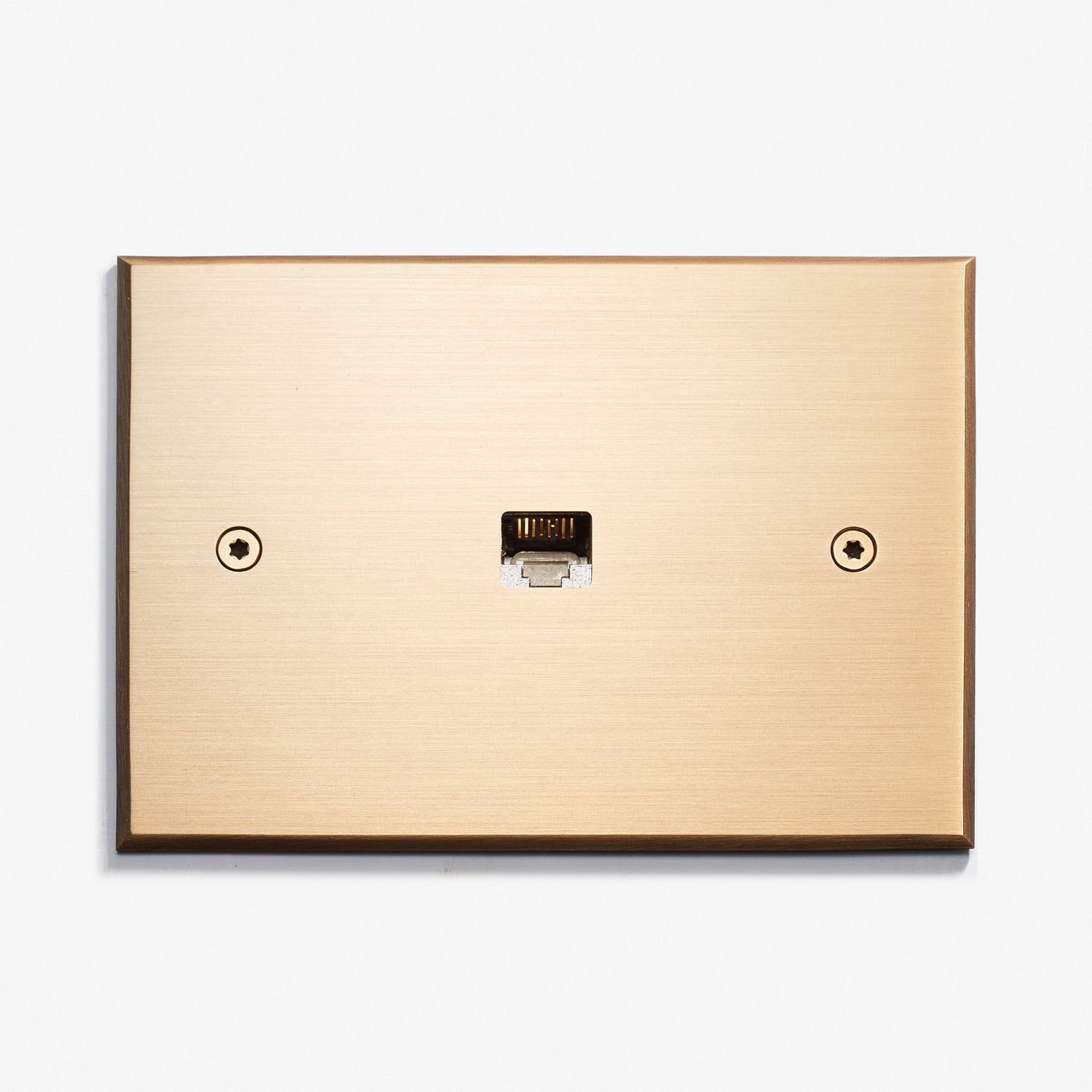 A gold wall plate with an outlet on it.
