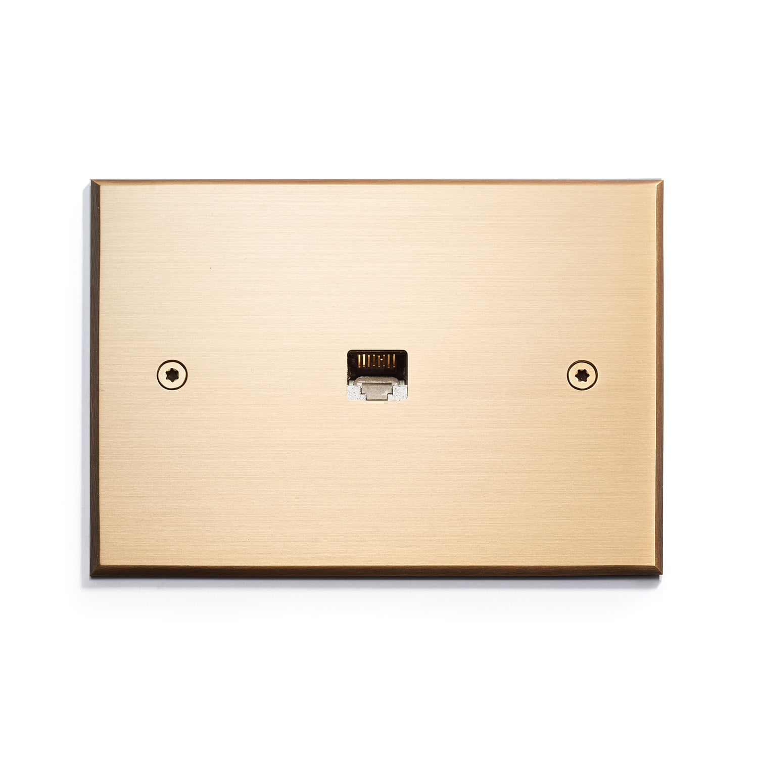 An image of a gold wall plate with an outlet on it.