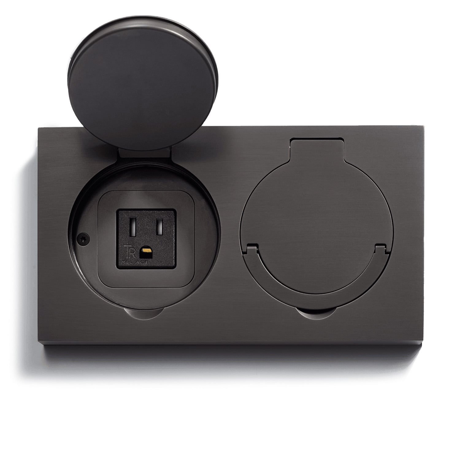 A black box with an outlet and a plug.