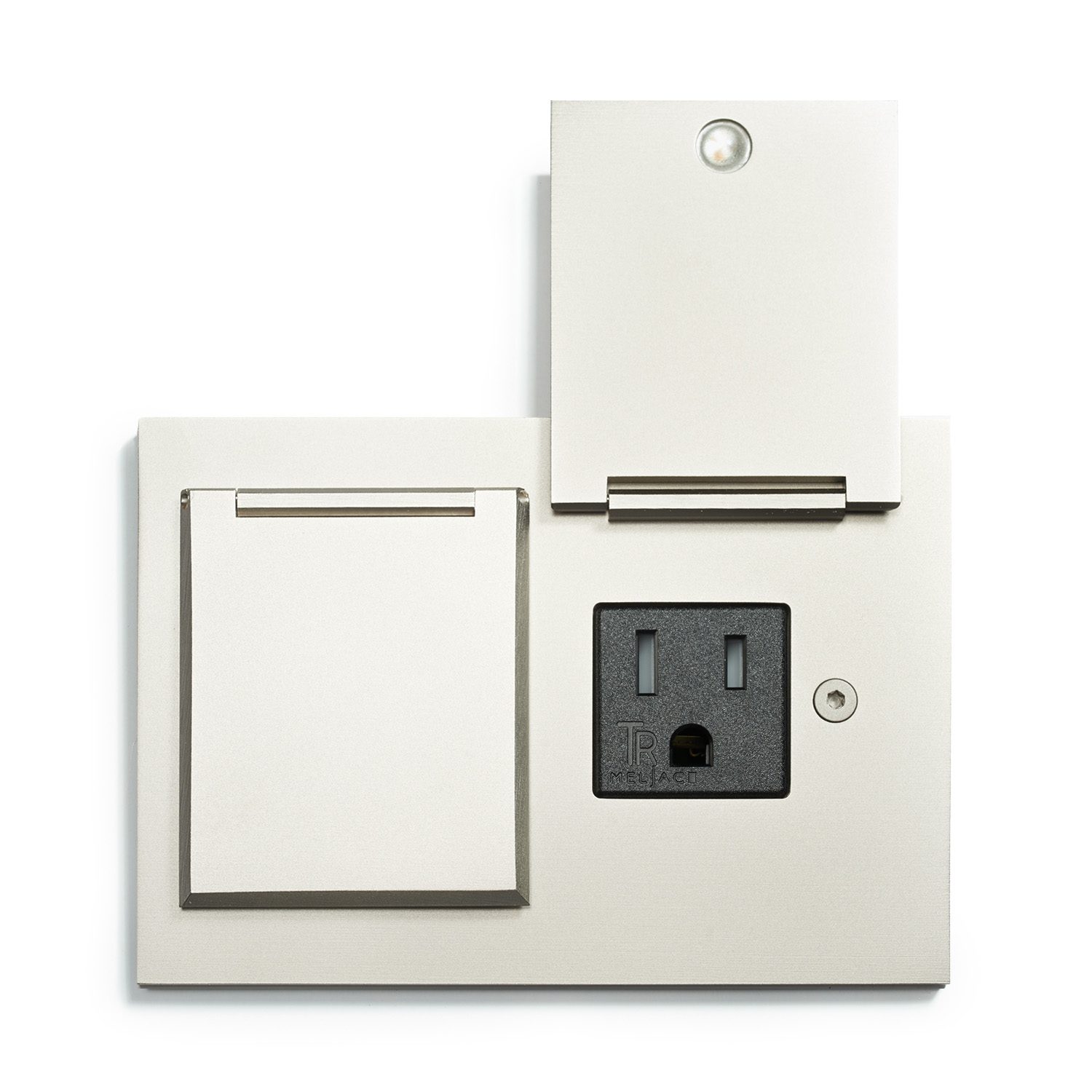 A white wall plate with a light switch and outlet.