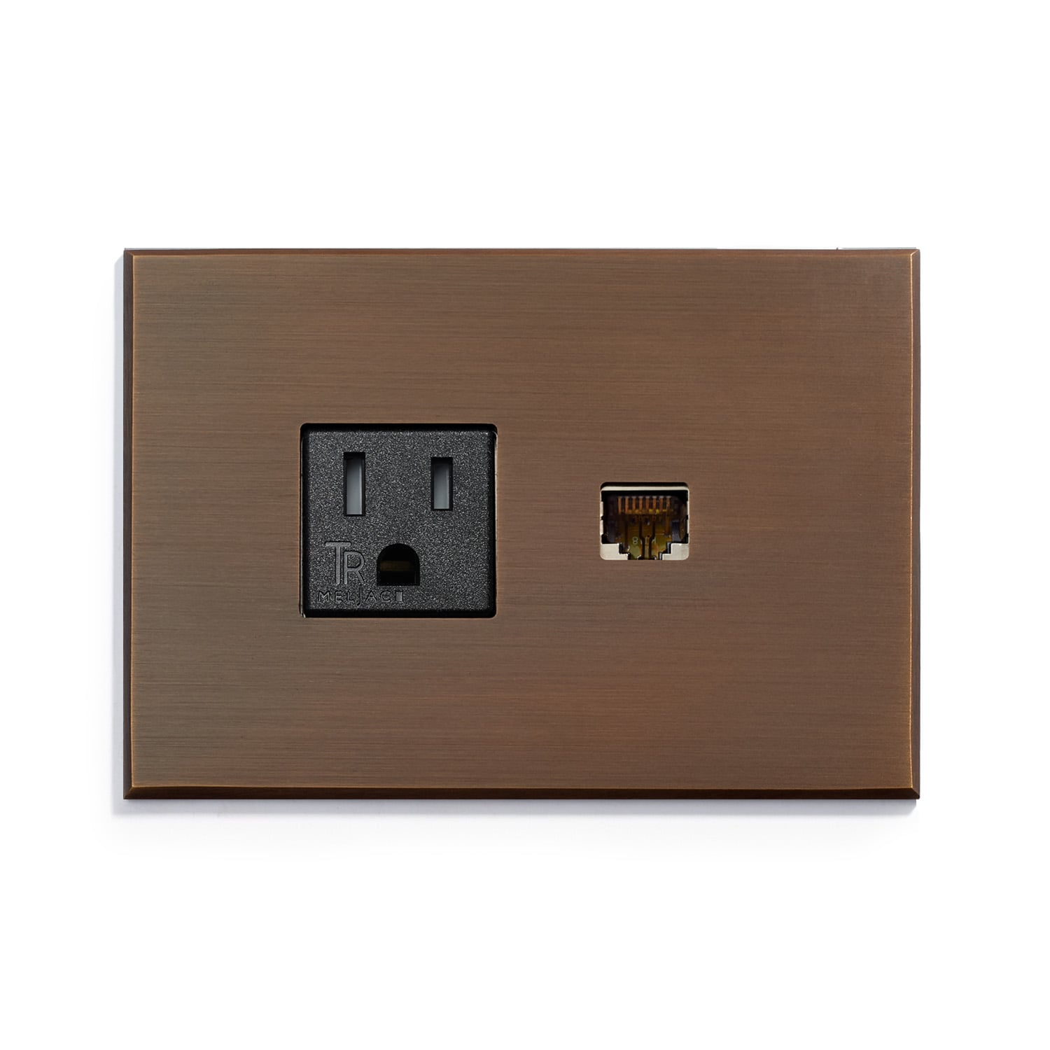 A brown wall plate with an outlet on it.