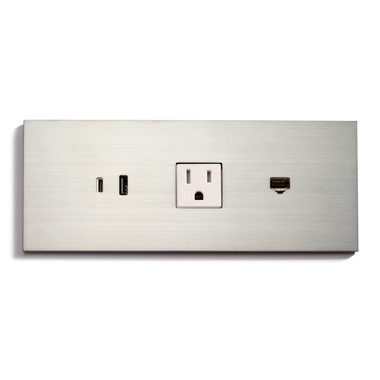 A silver wall outlet with two usb ports.