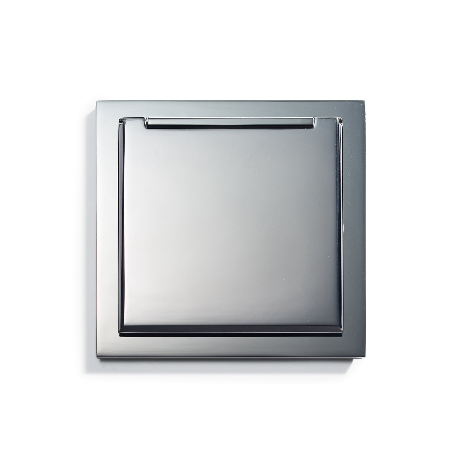 An image of a square metal box on a white background.