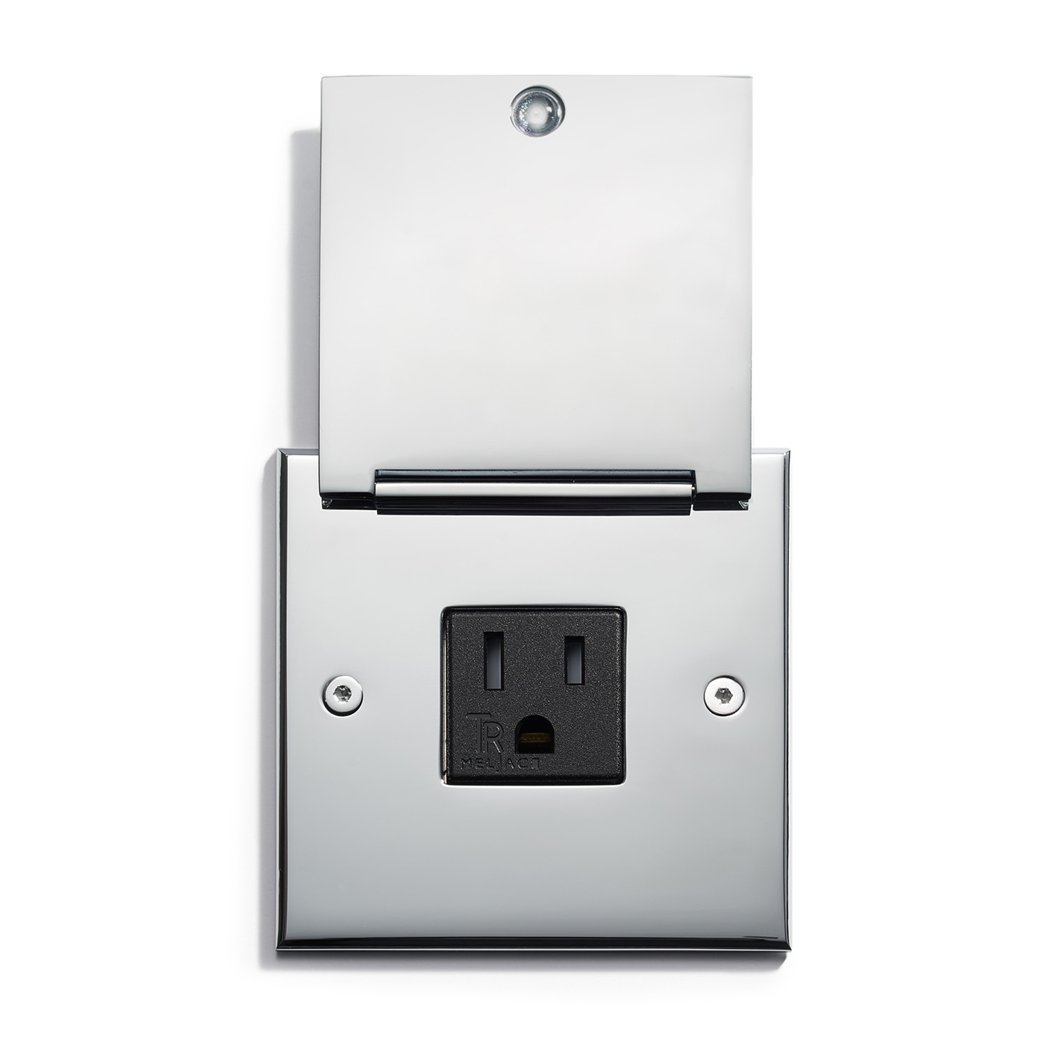 A chrome outlet with a black cover on a white background.