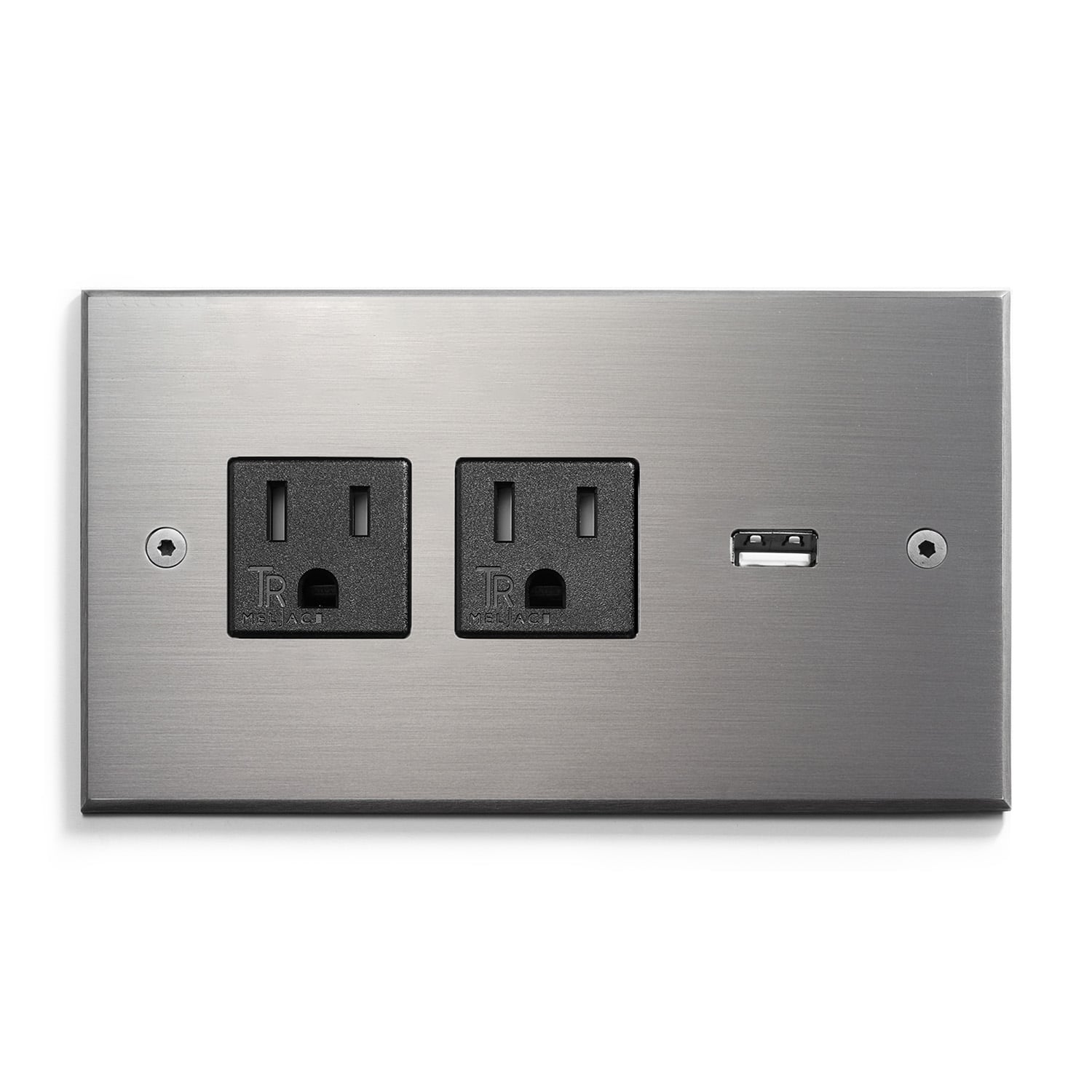 A wall plate with two outlets and a usb port.