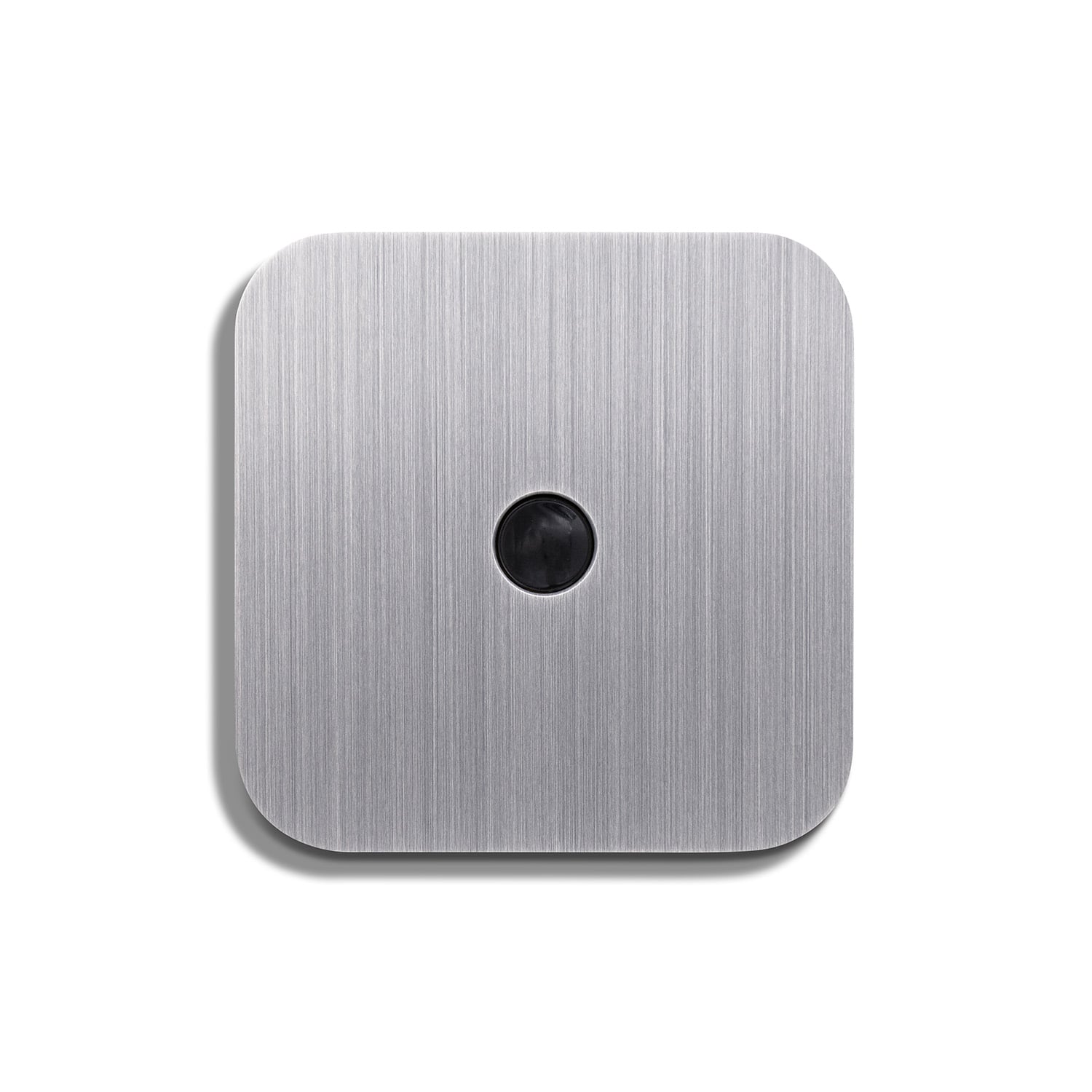 A silver button on a white background.