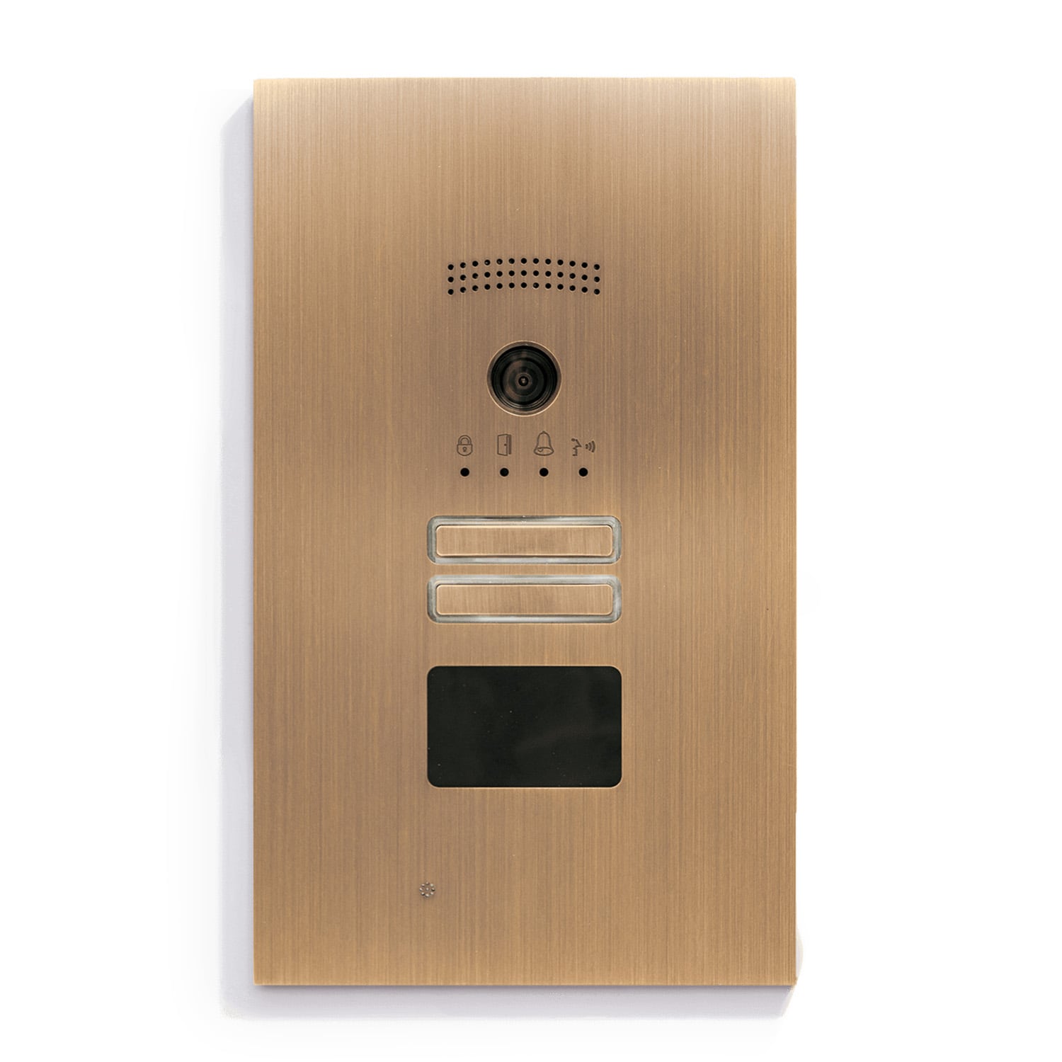 An image of a gold doorbell with a button on it.