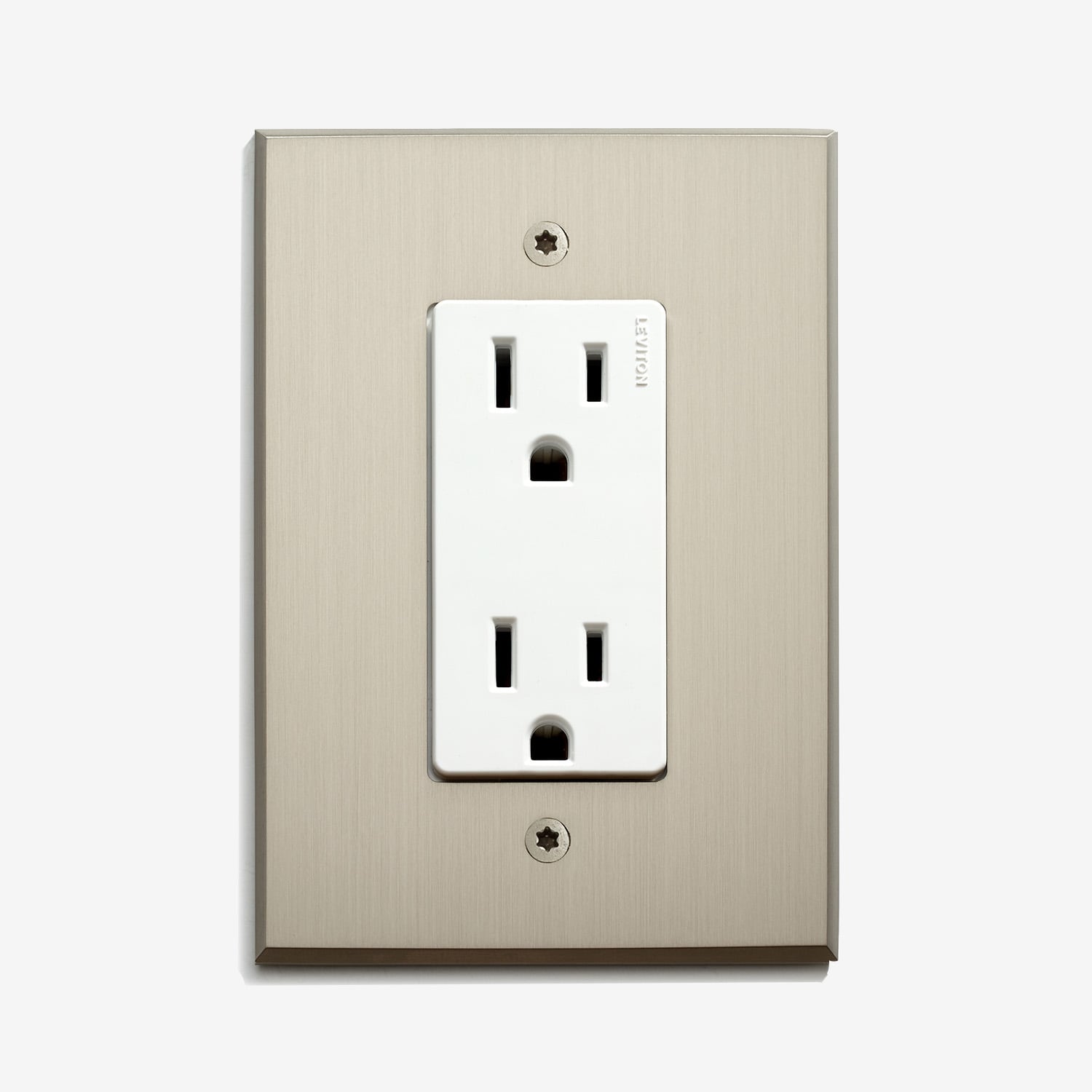 A standard american electrical outlet with a brushed metal wall plate on a white background.