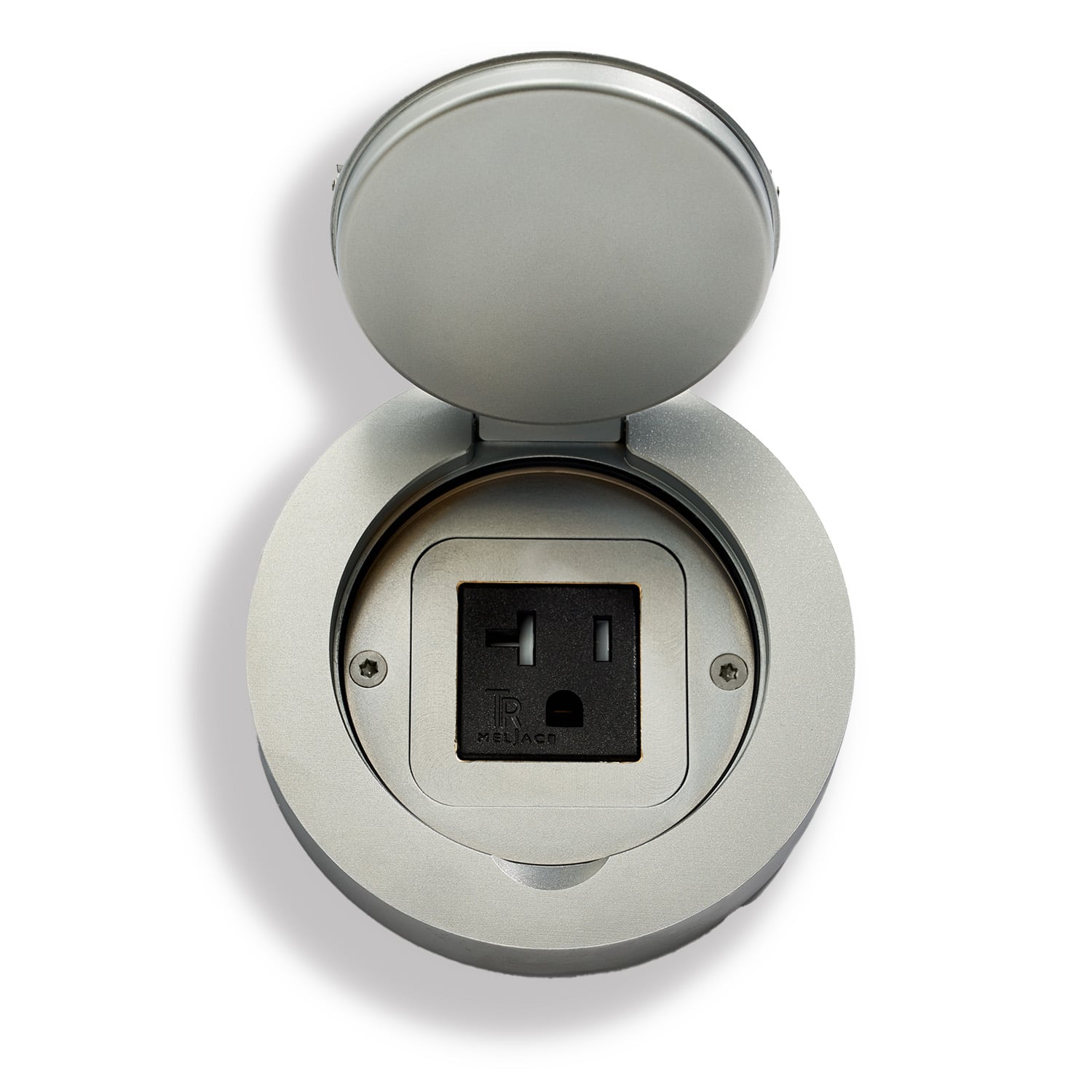 A sleek pop-up electrical outlet neatly retracted into a white countertop, offering a discreet power source with a modern design.