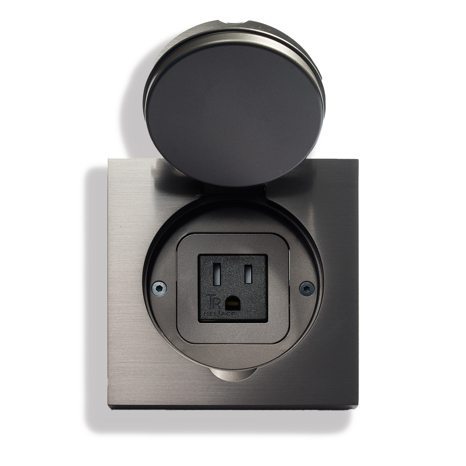 Modern wall-mounted power outlet with a stylish metal cover in the open position.