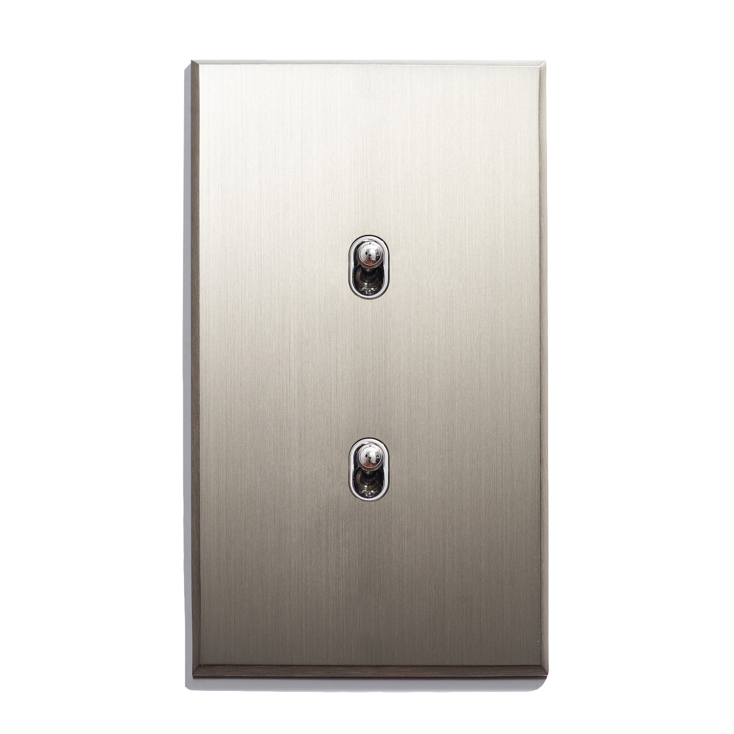 Brushed metal dual socket wall plate with circular outlets, isolated on a white background.