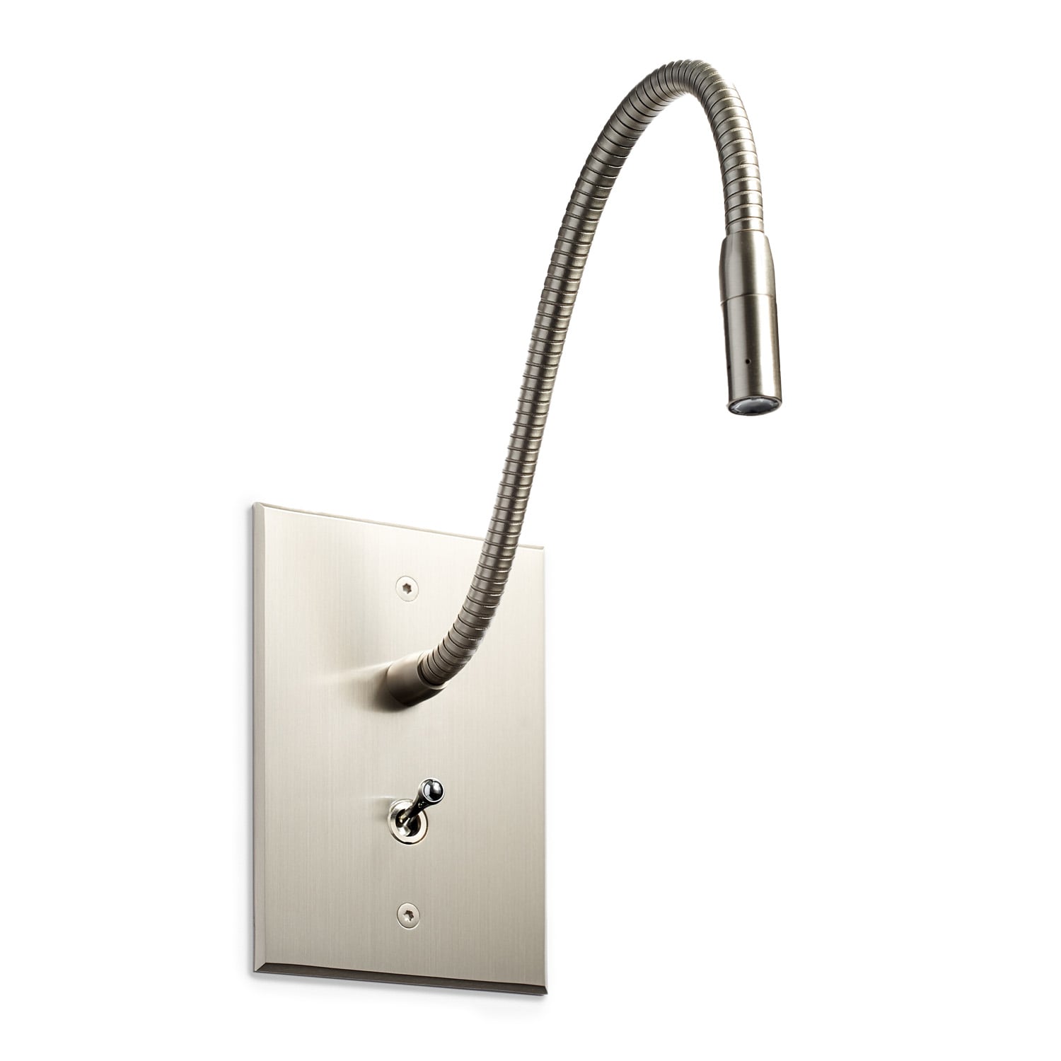 Modern wall-mounted reading light with a flexible neck and a switch on a clean metal plate.