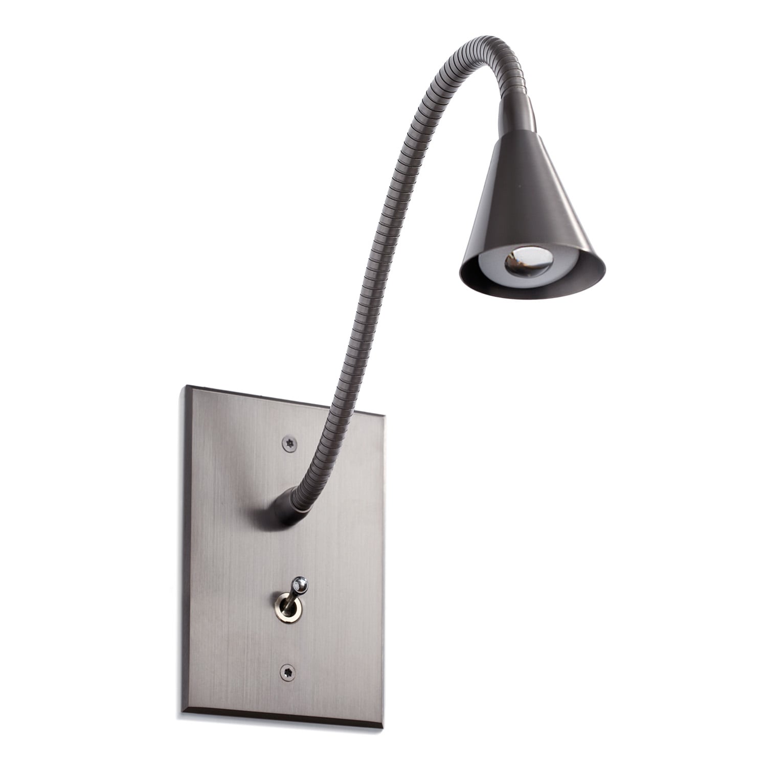 Flexible gooseneck wall-mounted lamp with a sleek metallic finish.