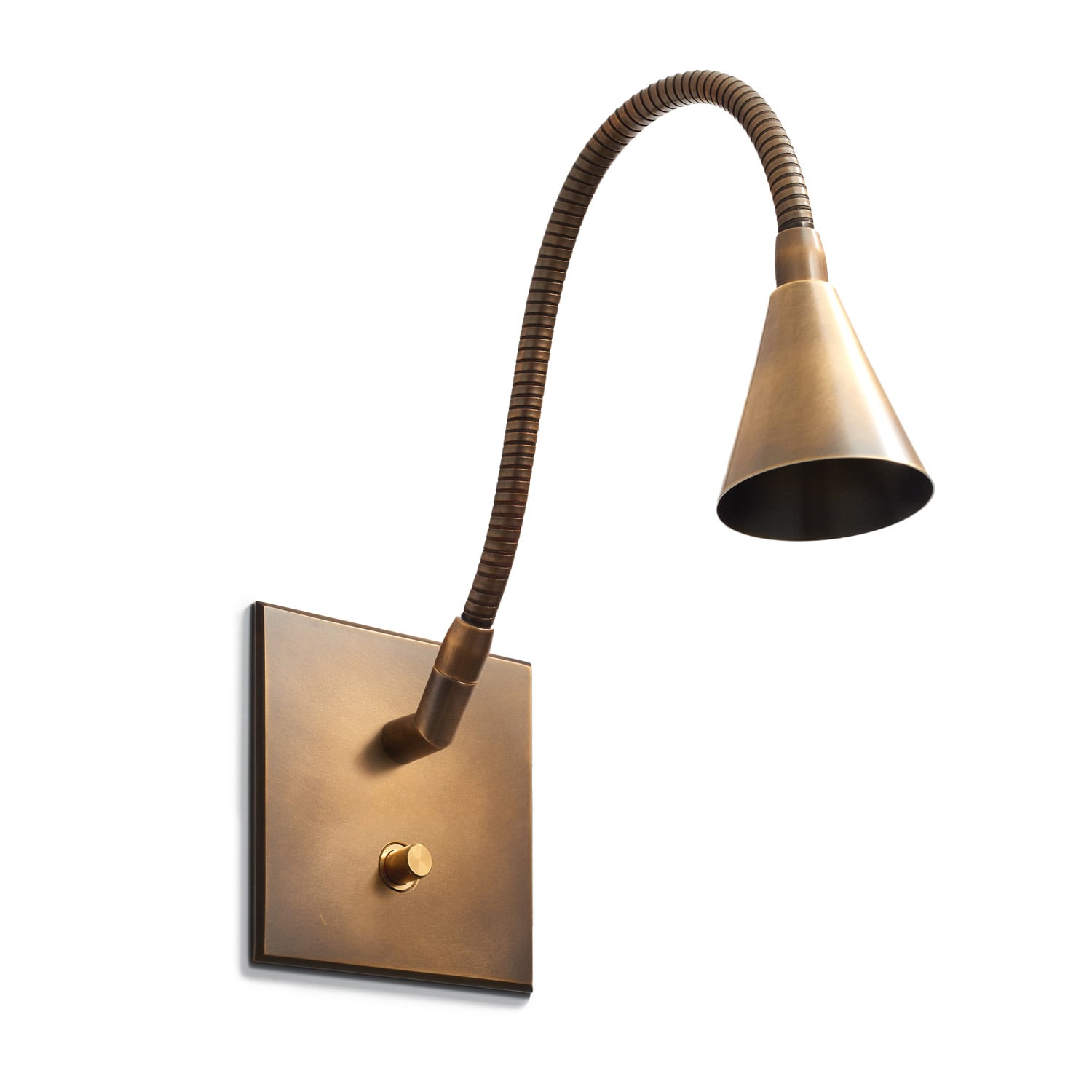 A modern bronze wall-mounted lamp with a flexible neck and conical shade, projecting from a square base with a single control knob, isolated on a white background.