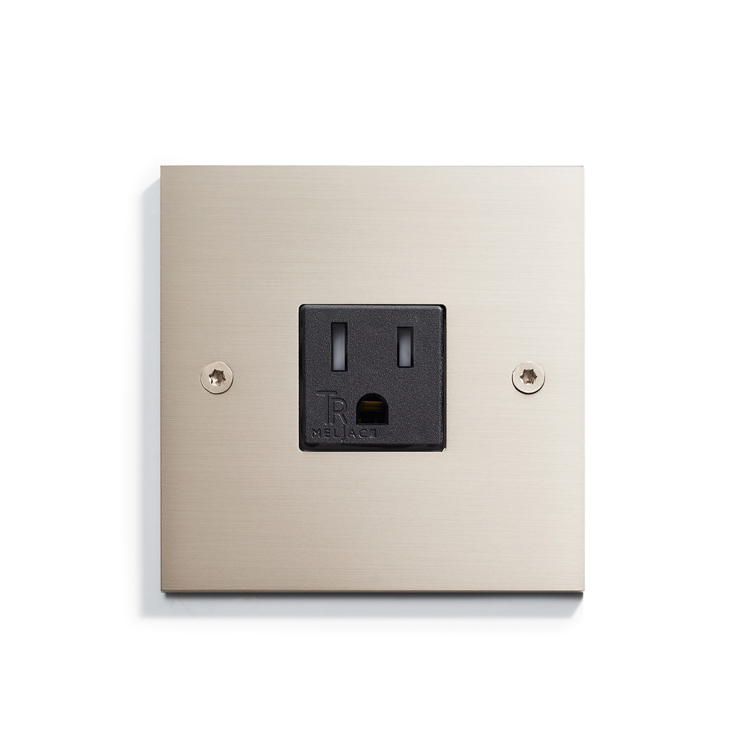 A modern single uk electrical socket on a brushed metal wall plate.