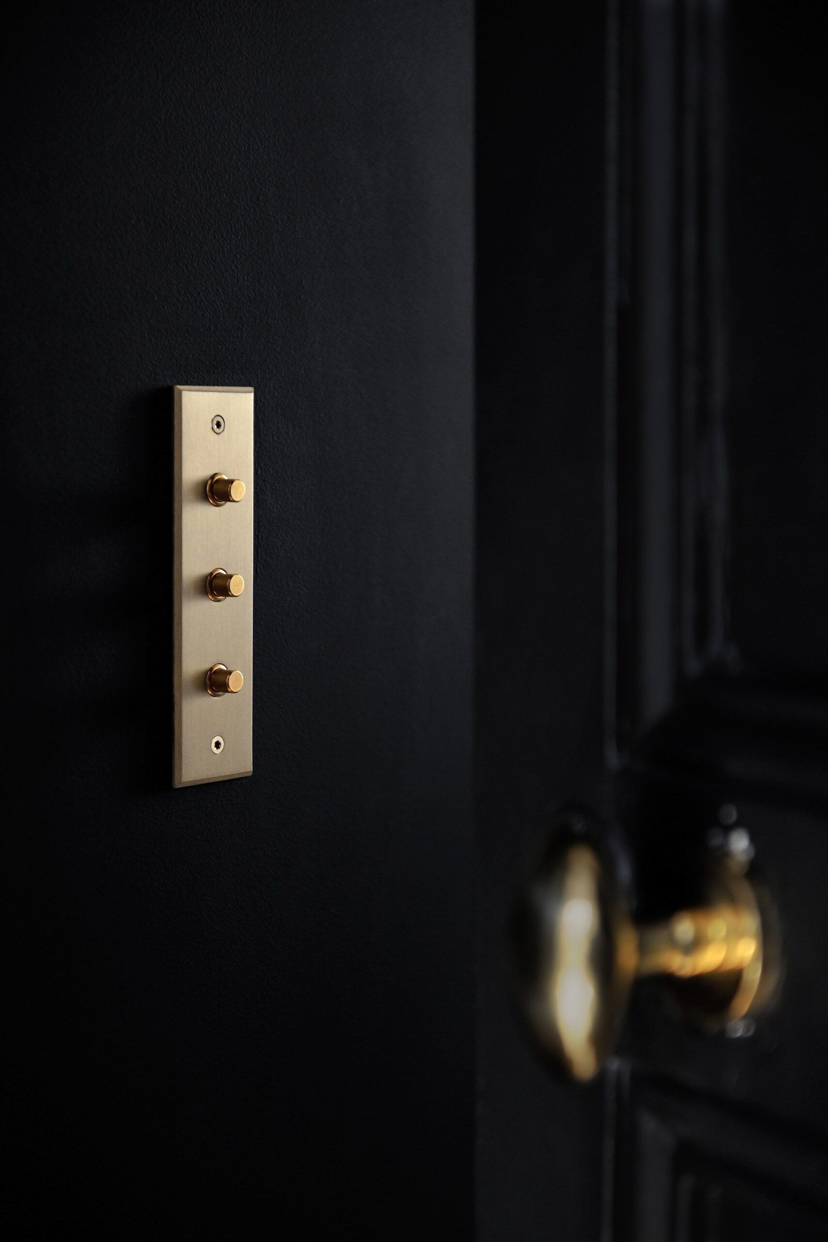 A black door with a gold knob on it.
