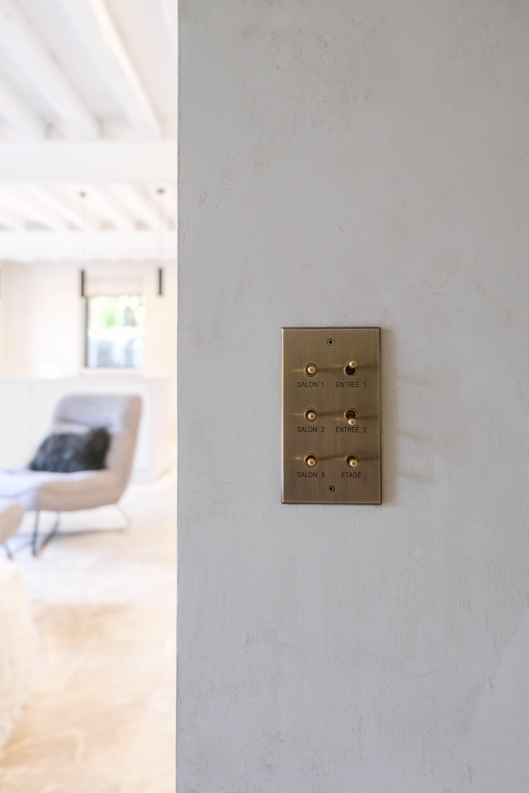 A brass switch on a wall in a living room.