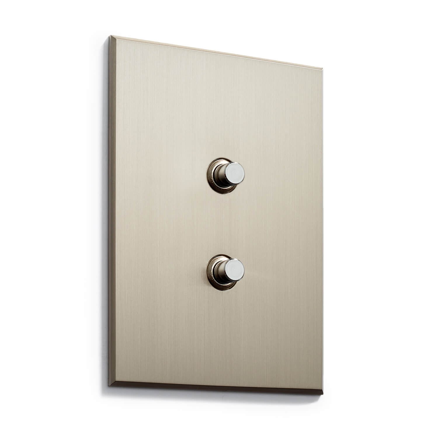 A light switch with two buttons on a white wall.