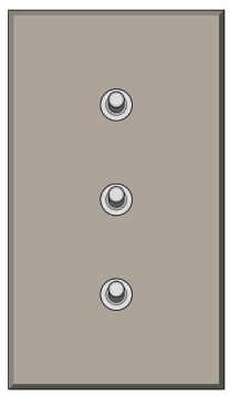 A gray rectangular light switch plate with three circular buttons arranged vertically in the center. The plate has a simple design with no text or labels. Each button is slightly raised and silver in color.