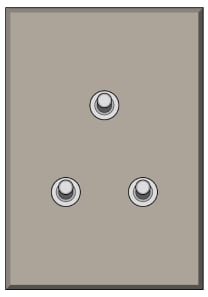 A beige, rectangular light switch cover plate with three circular buttons arranged in a triangular pattern. The two buttons on the bottom are side by side, and the third button is positioned above the other two in the center.