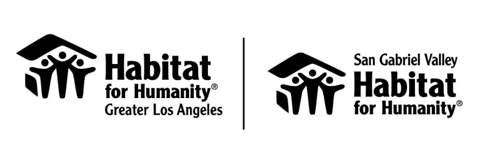 Two black-and-white logos for Habitat for Humanity. The left says "Habitat for Humanity Greater Los Angeles." The right says "San Gabriel Valley Habitat for Humanity." Both feature three figures under a roof.
